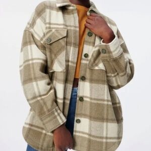 GOOD AMERICAN WOMENS WOOL BLEND LONG SHACKET PLAID BUTTON DOWN TAN WHITE 2XL